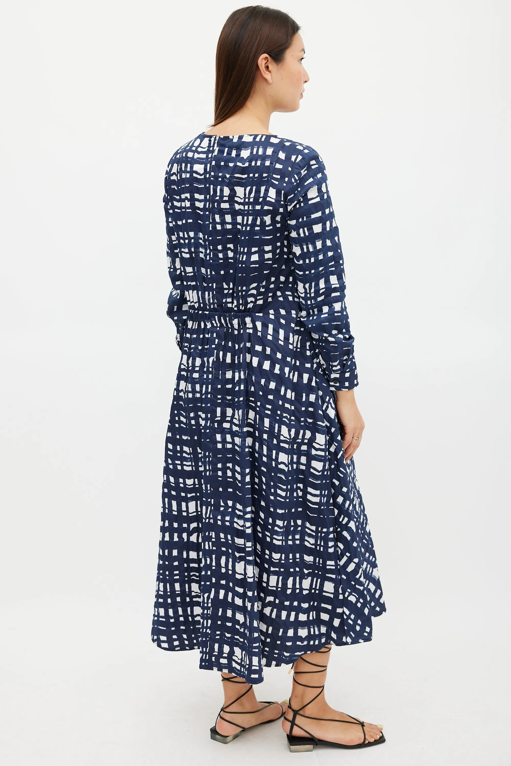 Navy & White Cotton Check Printed Dress