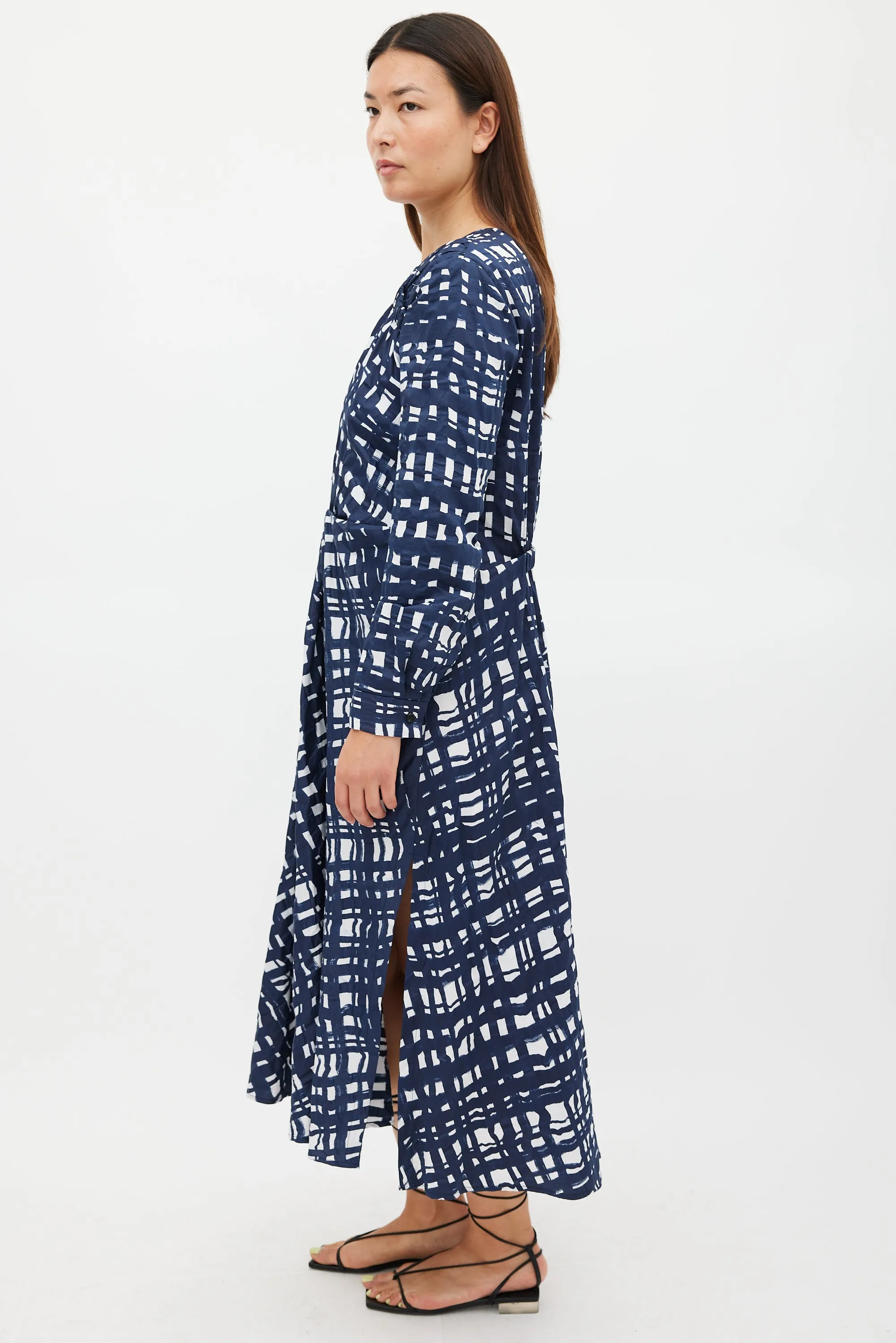 Navy & White Cotton Check Printed Dress