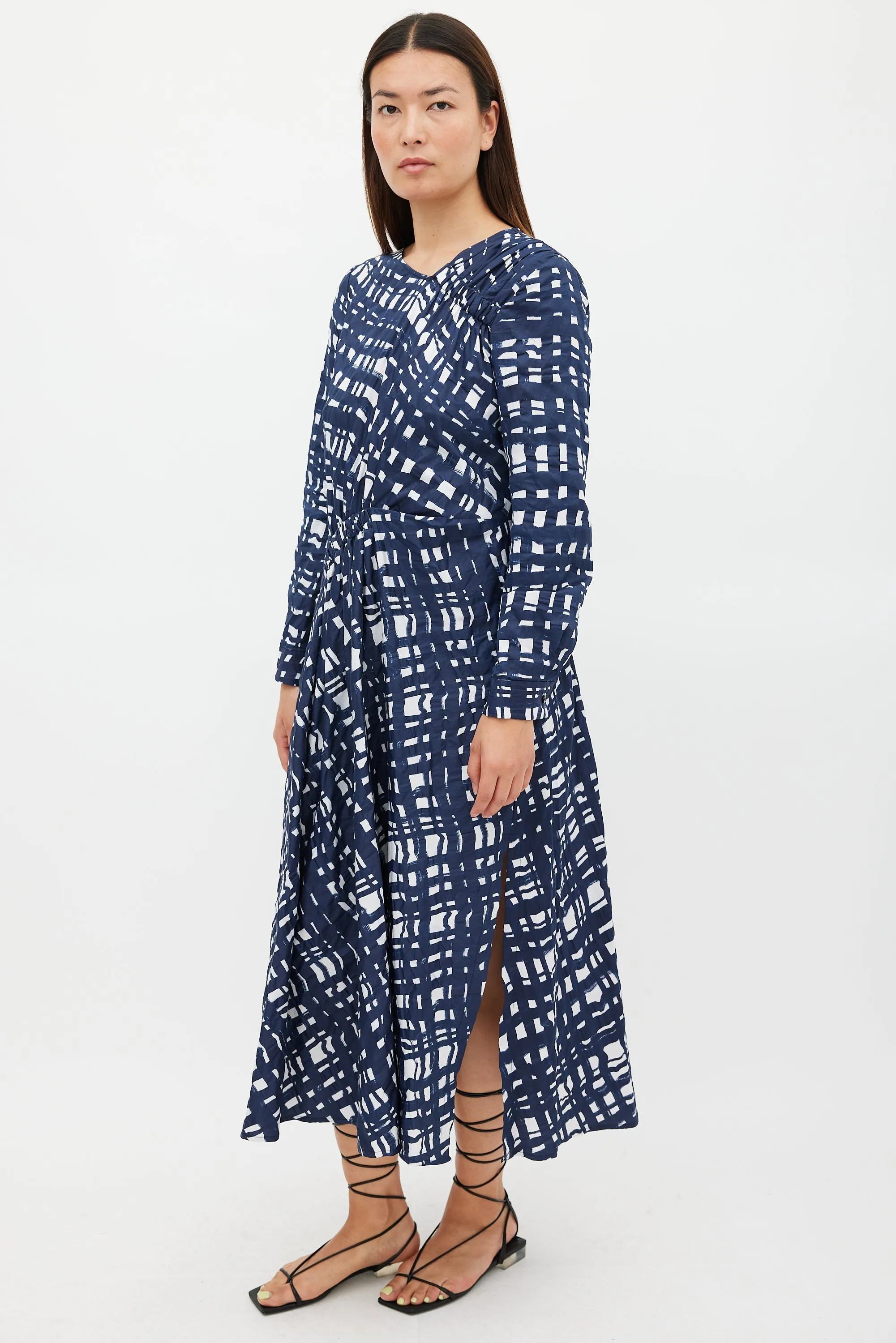 Navy & White Cotton Check Printed Dress