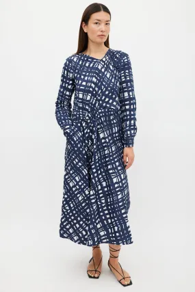 Navy & White Cotton Check Printed Dress