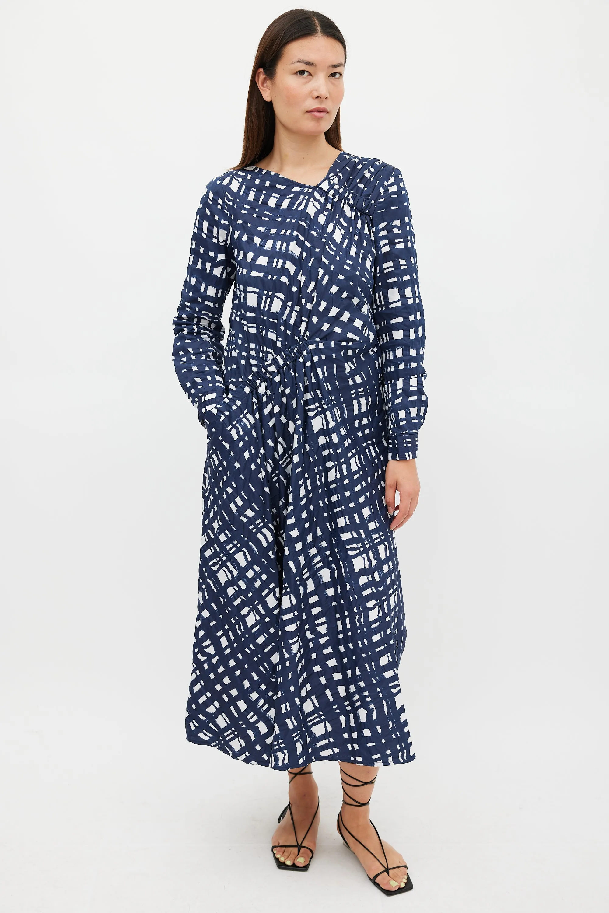 Navy & White Cotton Check Printed Dress