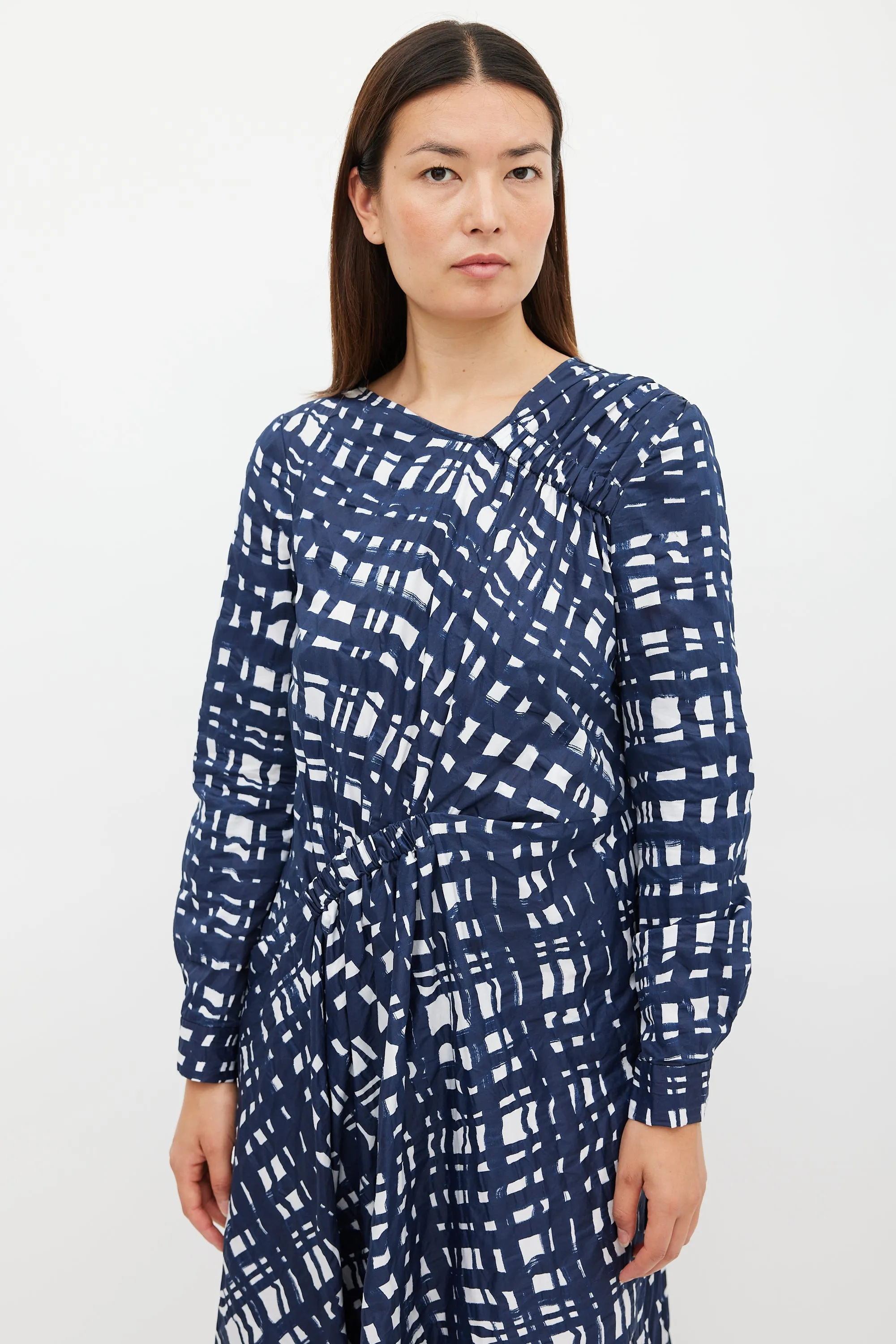 Navy & White Cotton Check Printed Dress