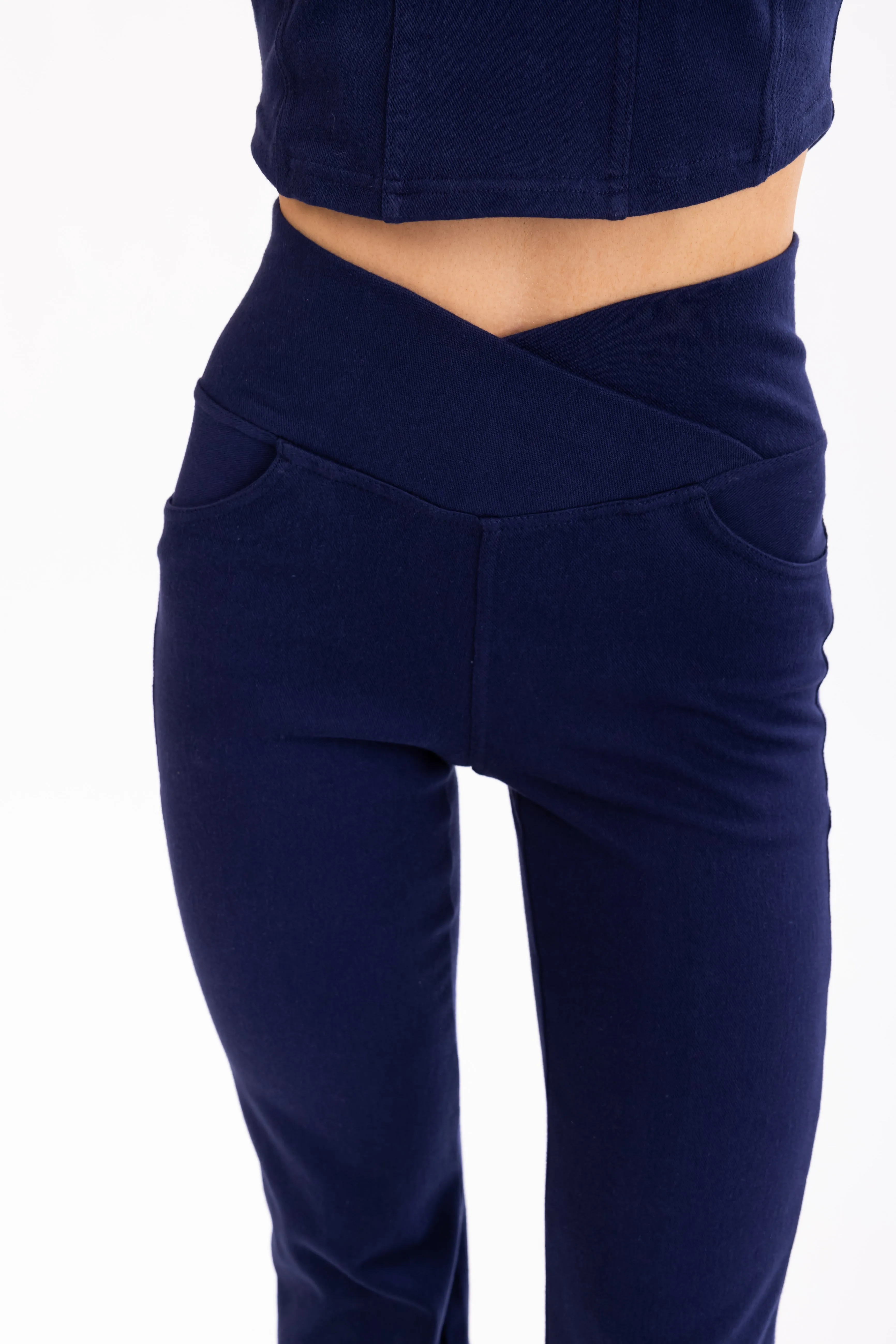 Navy Flared Leg Crossover Waist Knit Pants