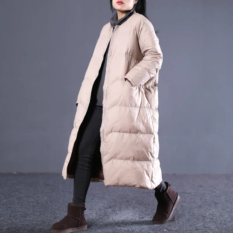 New loose large size literary zipper long baseball collar quality down coat