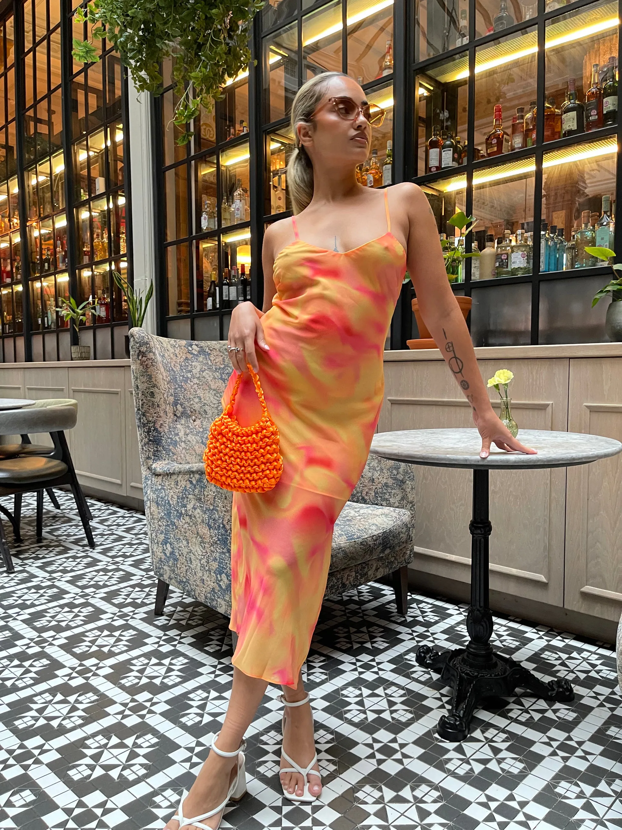 Orange-Yellow Tie-Dye Cami Slip Midi-Dress