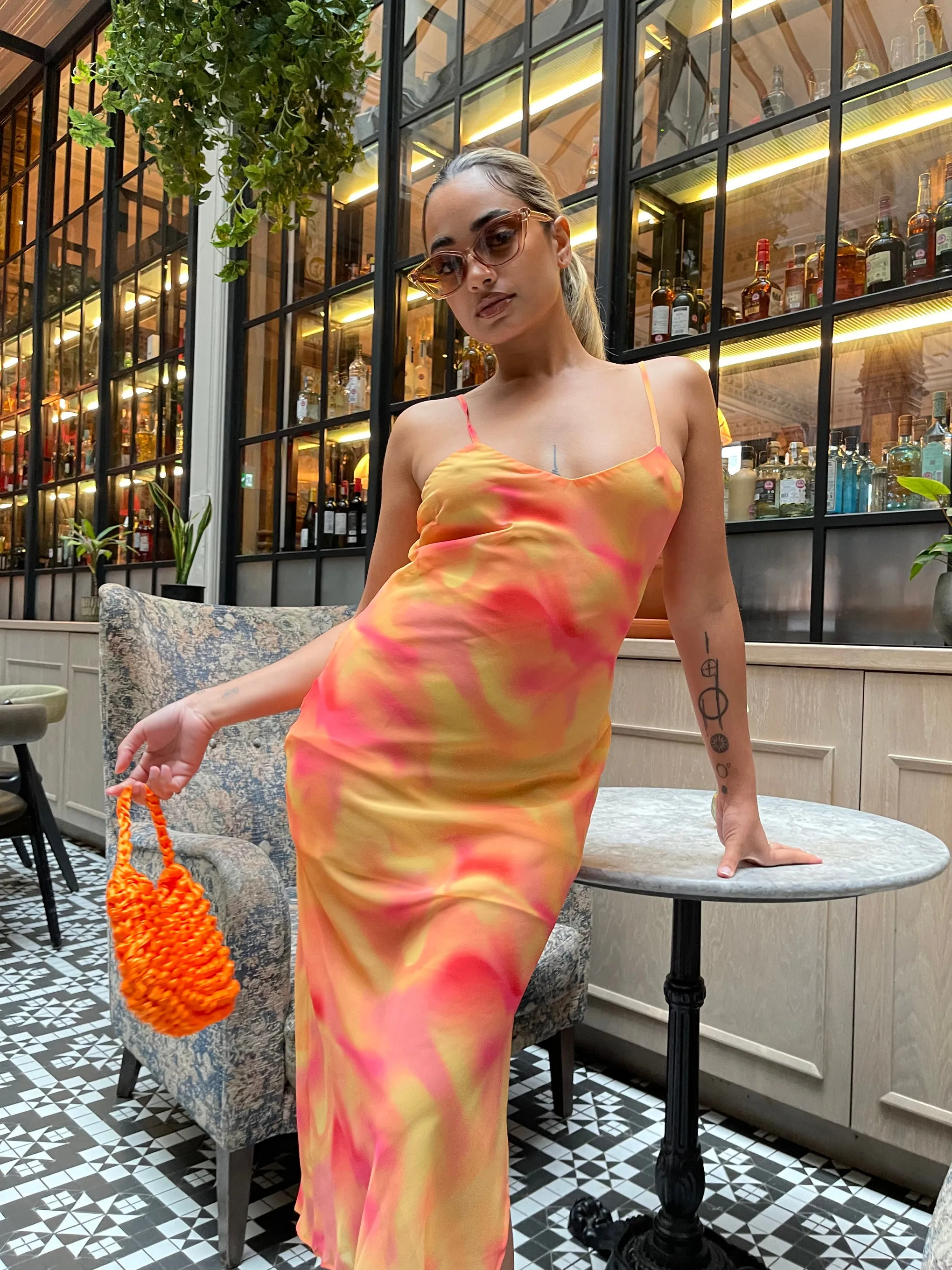 Orange-Yellow Tie-Dye Cami Slip Midi-Dress