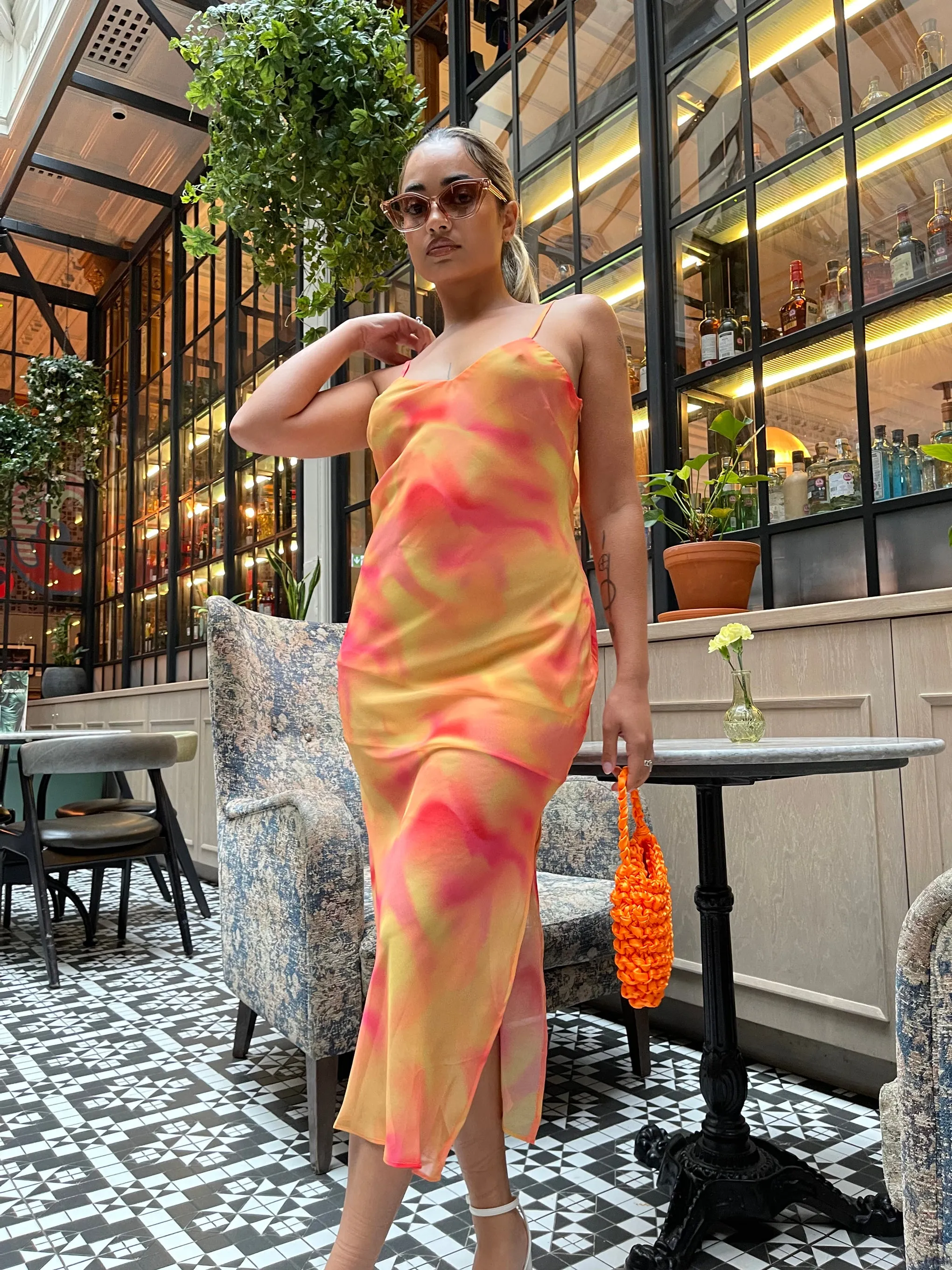 Orange-Yellow Tie-Dye Cami Slip Midi-Dress