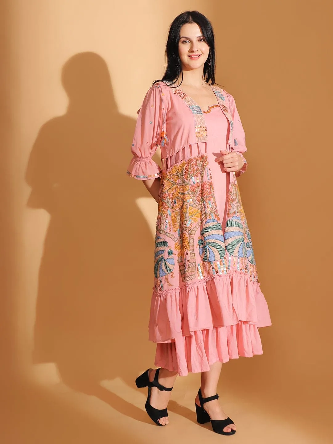 Peach Gond Artwork Dress With Long Shrug