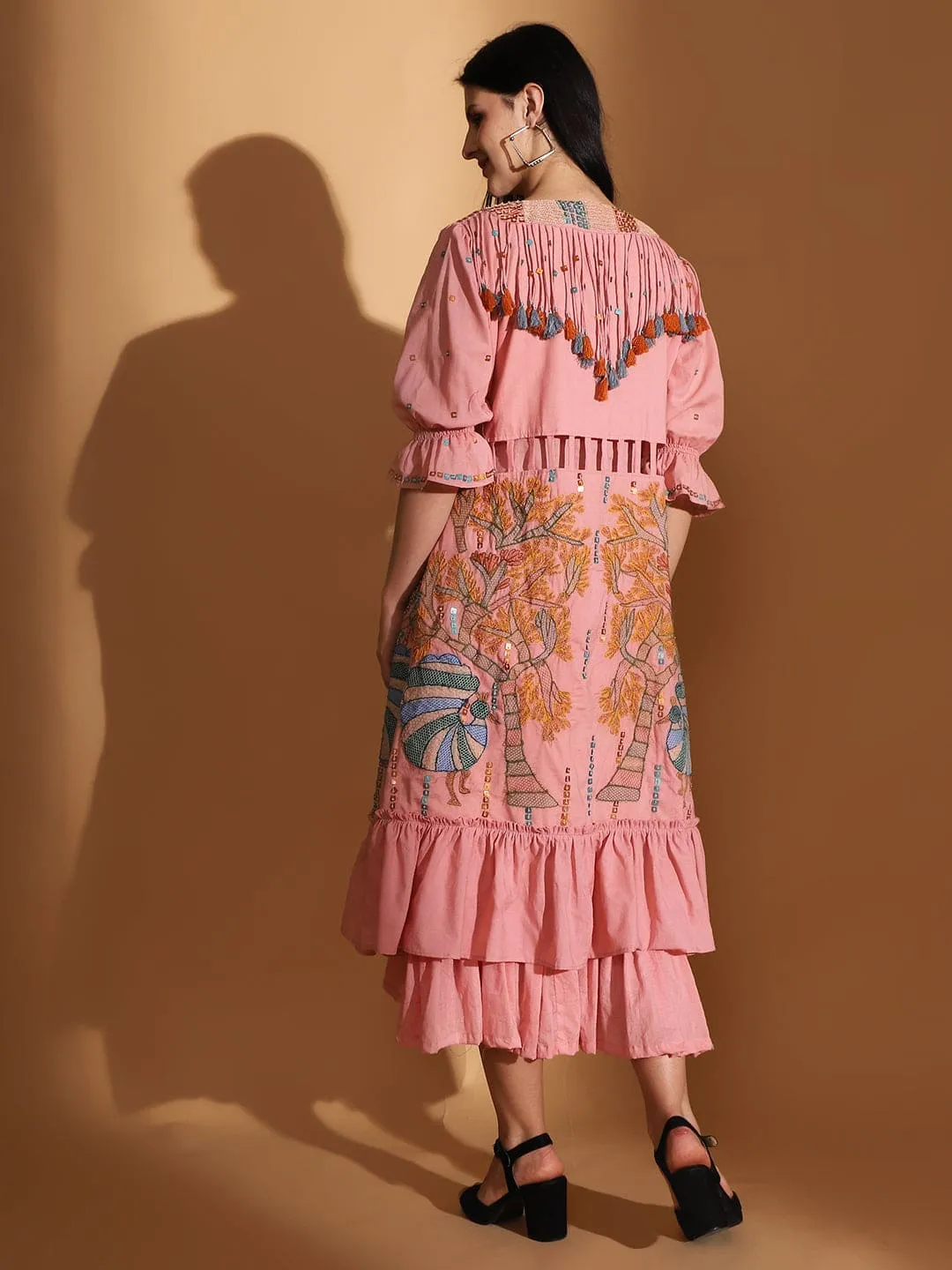 Peach Gond Artwork Dress With Long Shrug