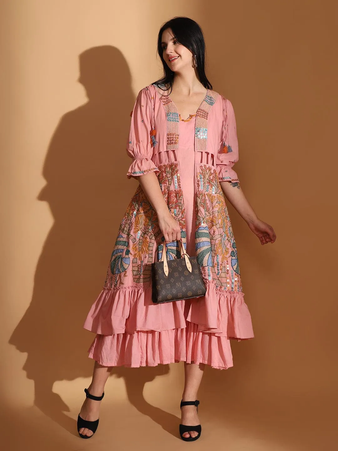 Peach Gond Artwork Dress With Long Shrug