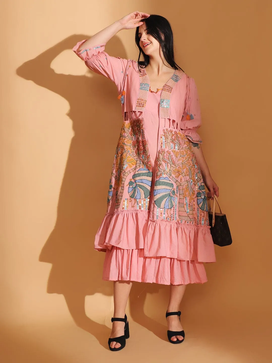 Peach Gond Artwork Dress With Long Shrug