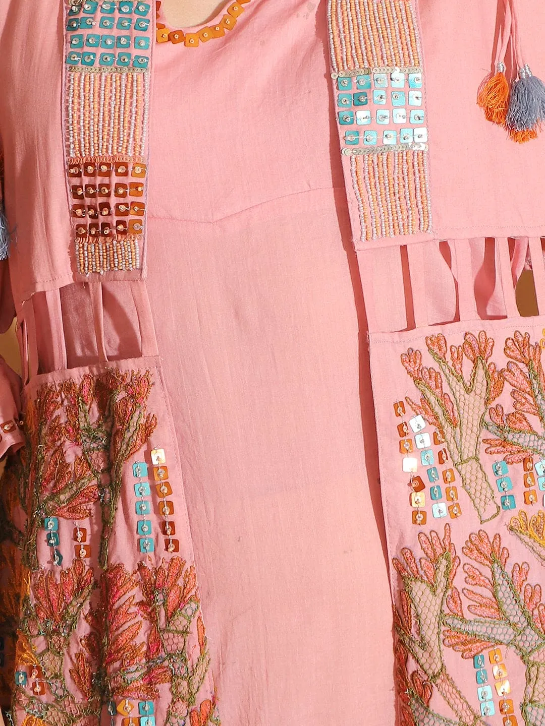 Peach Gond Artwork Dress With Long Shrug