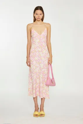 Pink-Olive-Yellow-Flower Midi Slip Dress