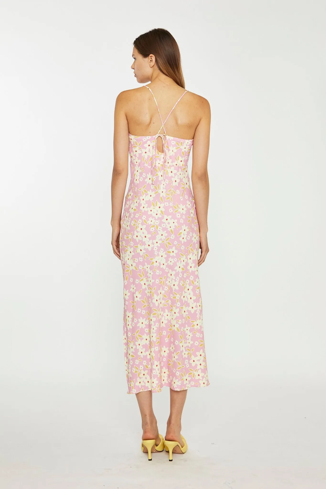 Pink-Olive-Yellow-Flower Midi Slip Dress