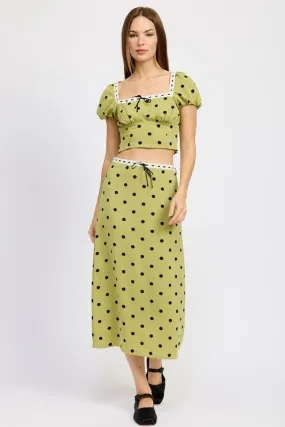 POLKA DOT MIDI SKIRT WITH LACE TRIM