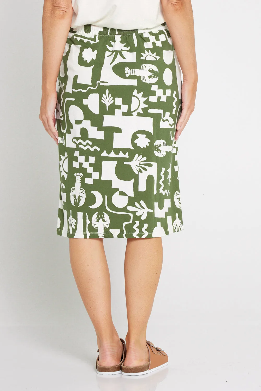 Postcard Skirt - Khaki and Cream Print