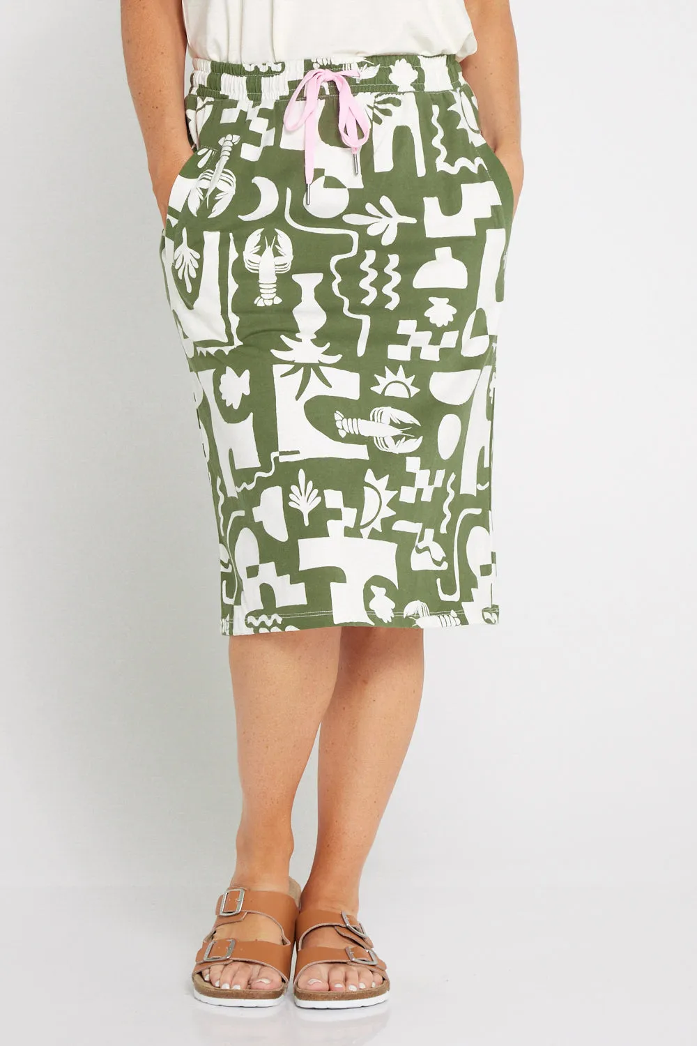 Postcard Skirt - Khaki and Cream Print