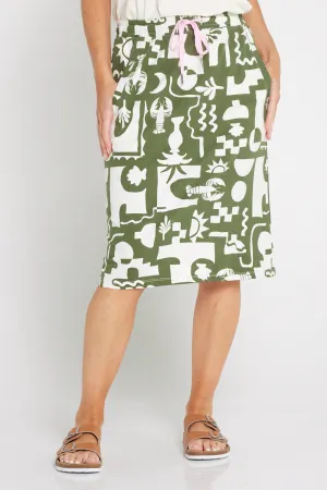 Postcard Skirt - Khaki and Cream Print