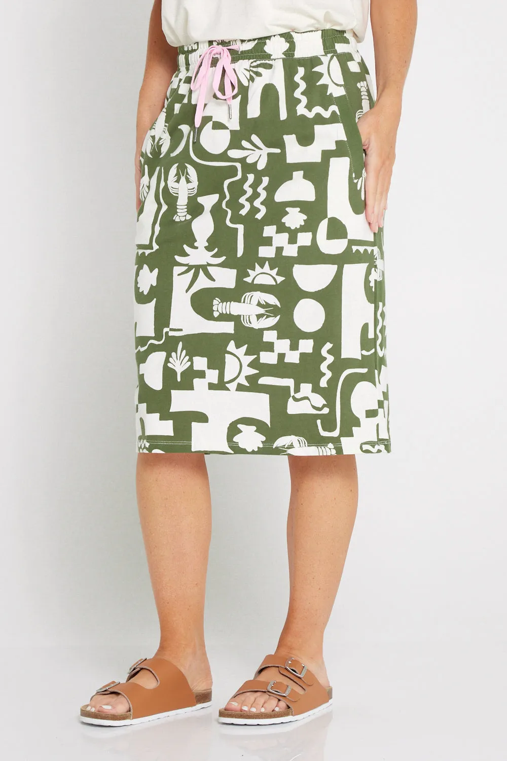 Postcard Skirt - Khaki and Cream Print