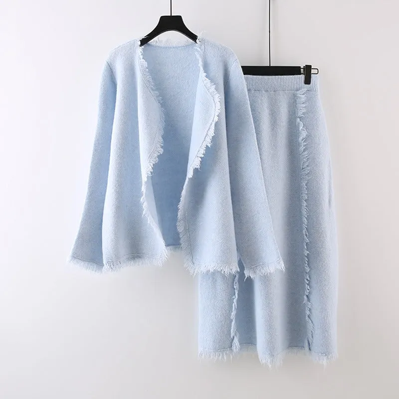 Pre Order:  Solid Woven Loose Cardigan   Woven Skirt Set