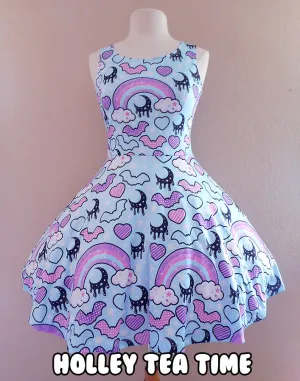 Rainbow spooky bats blue skater dress [made to order]