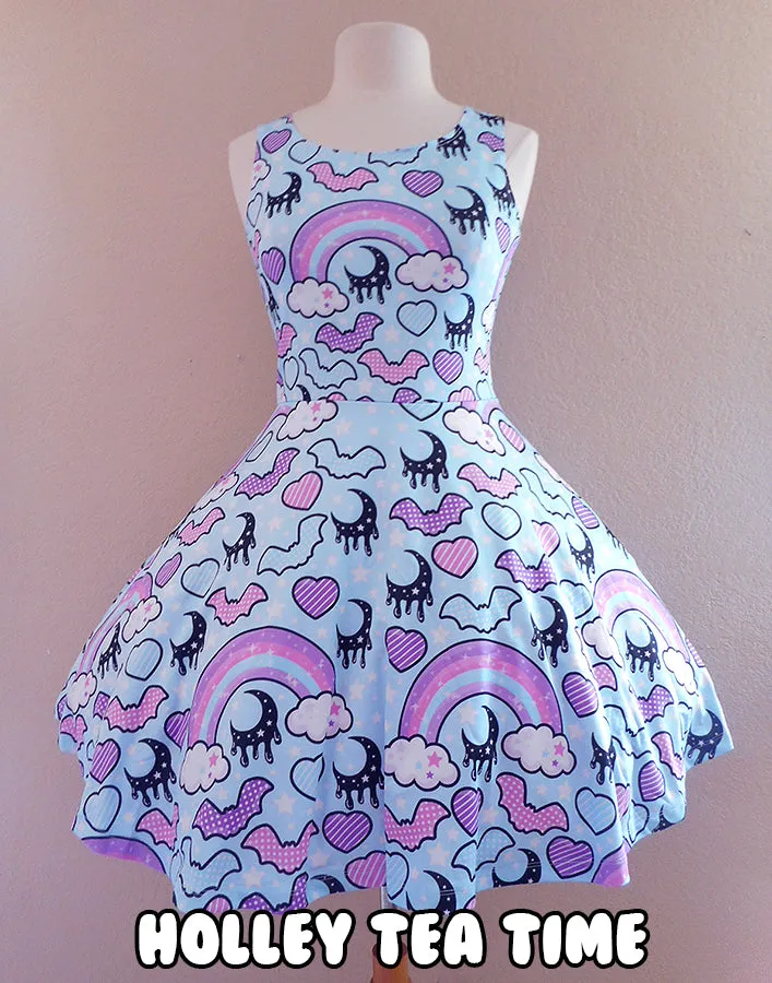 Rainbow spooky bats blue skater dress [made to order]