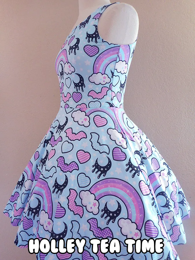 Rainbow spooky bats blue skater dress [made to order]