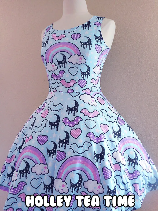 Rainbow spooky bats blue skater dress [made to order]