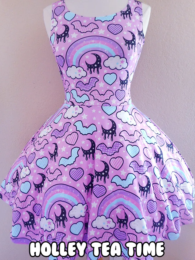 Rainbow spooky bats pink skater dress [made to order]