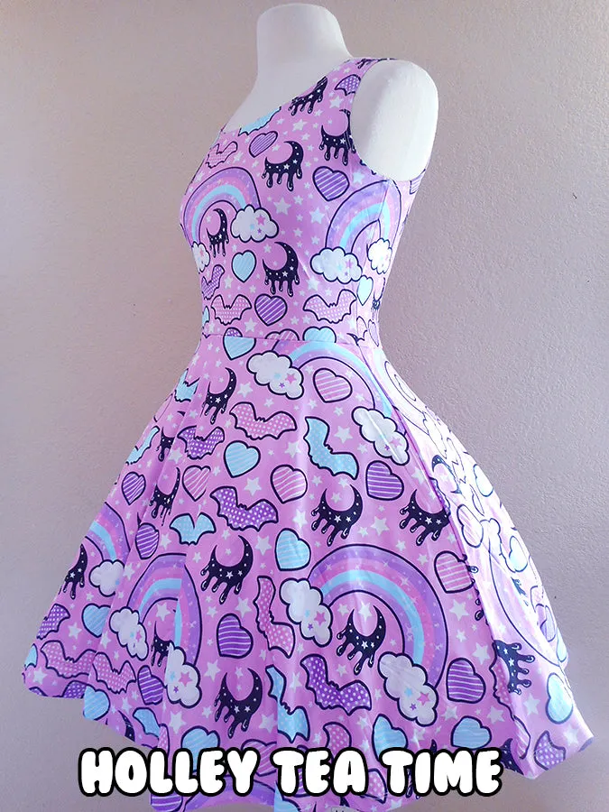 Rainbow spooky bats pink skater dress [made to order]