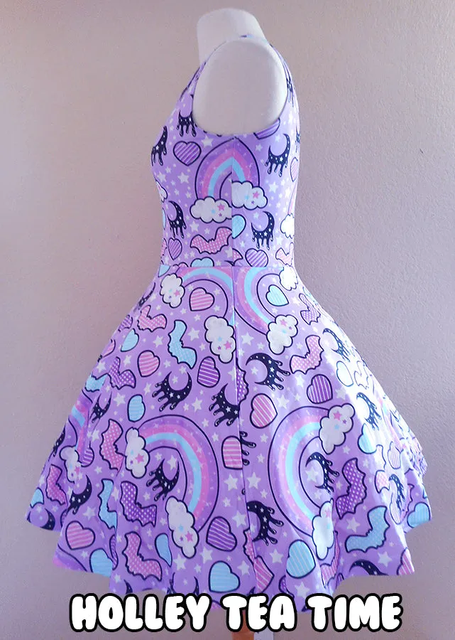 Rainbow spooky bats purple skater dress [made to order]