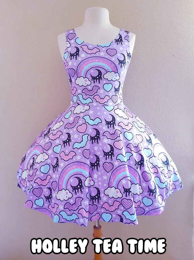 Rainbow spooky bats purple skater dress [made to order]