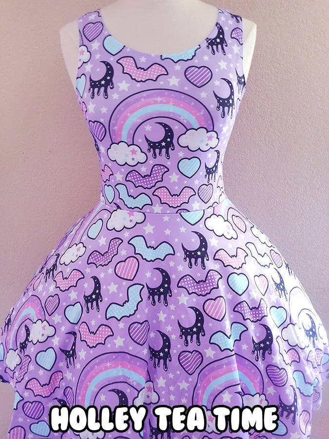 Rainbow spooky bats purple skater dress [made to order]