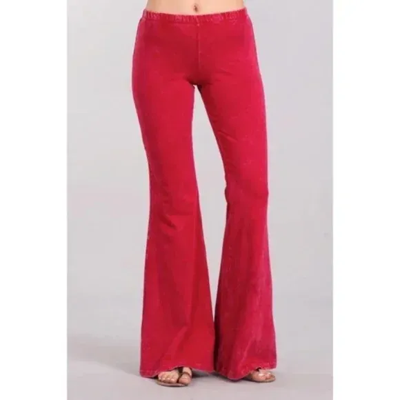 Raspberry Boho Mineral Wash Flared Bell Bottom Stretch Pull On Pants Womens