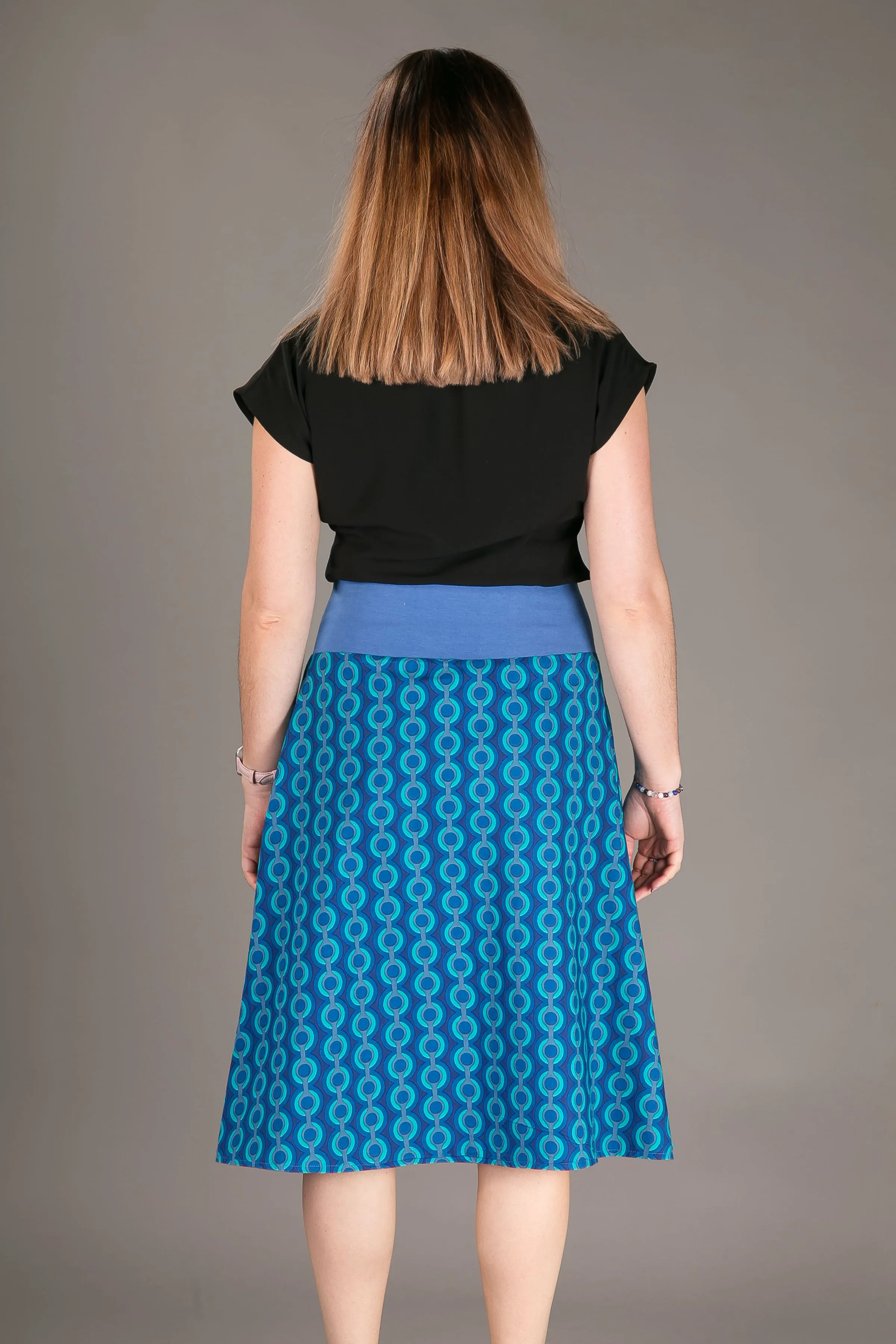 Reversible Midi Skirt Blue Floral Geometric Print with Pockets