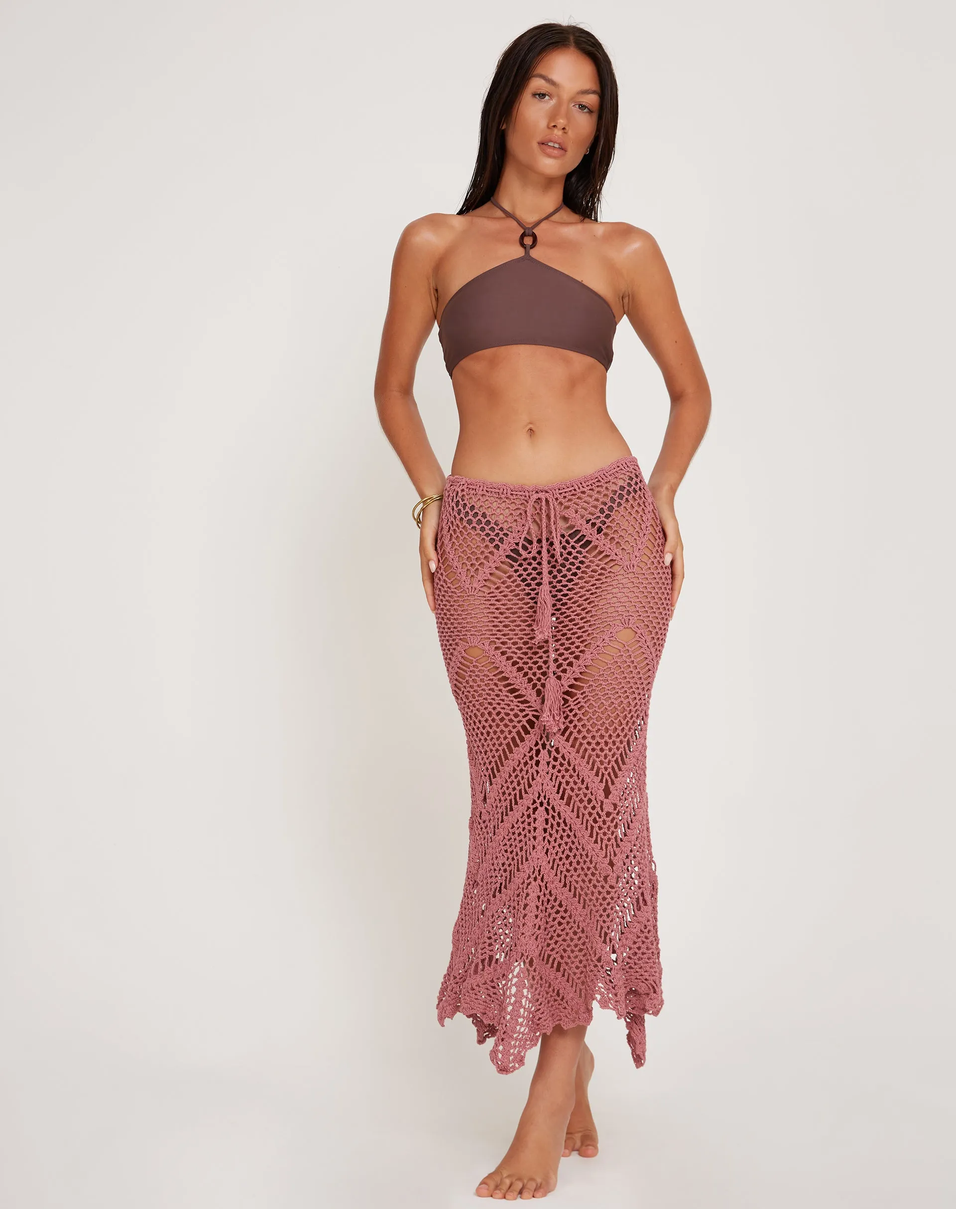 Riyati Crochet Midi Waterfall Skirt in Mauve