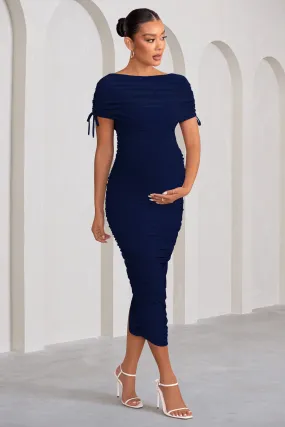 Roxanne | Navy Ruched Bardot Maternity Midi Dress