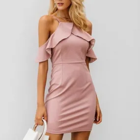 Ruffle Cold Shoulder Party Halter Bodycon Mini Dress