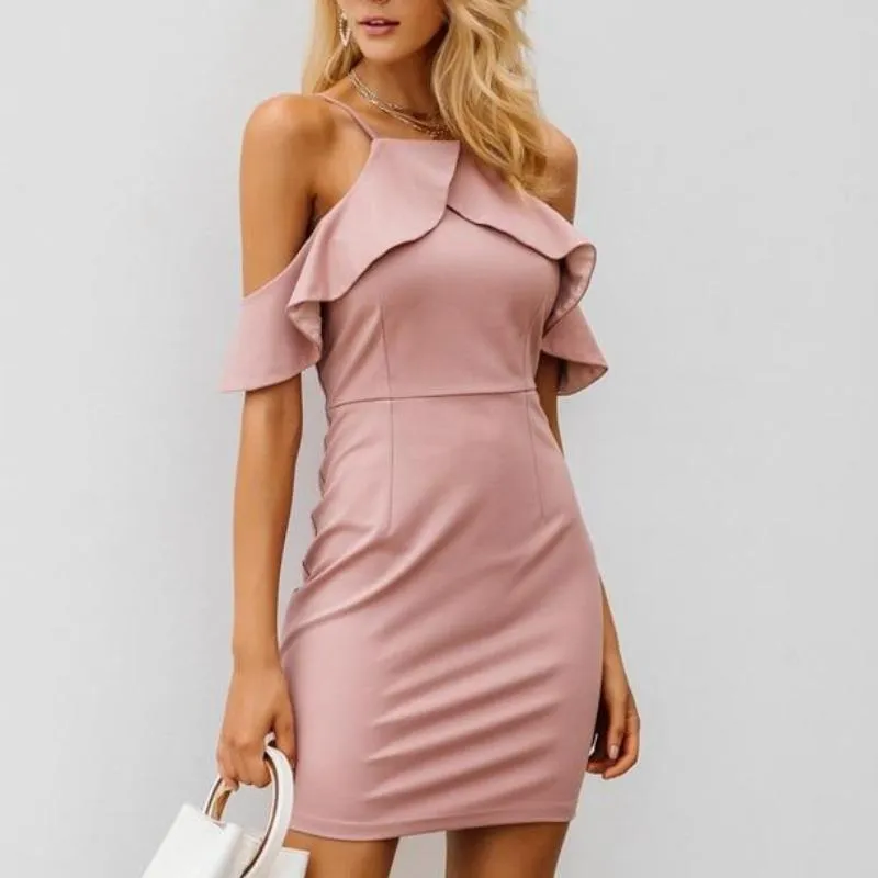 Ruffle Cold Shoulder Party Halter Bodycon Mini Dress