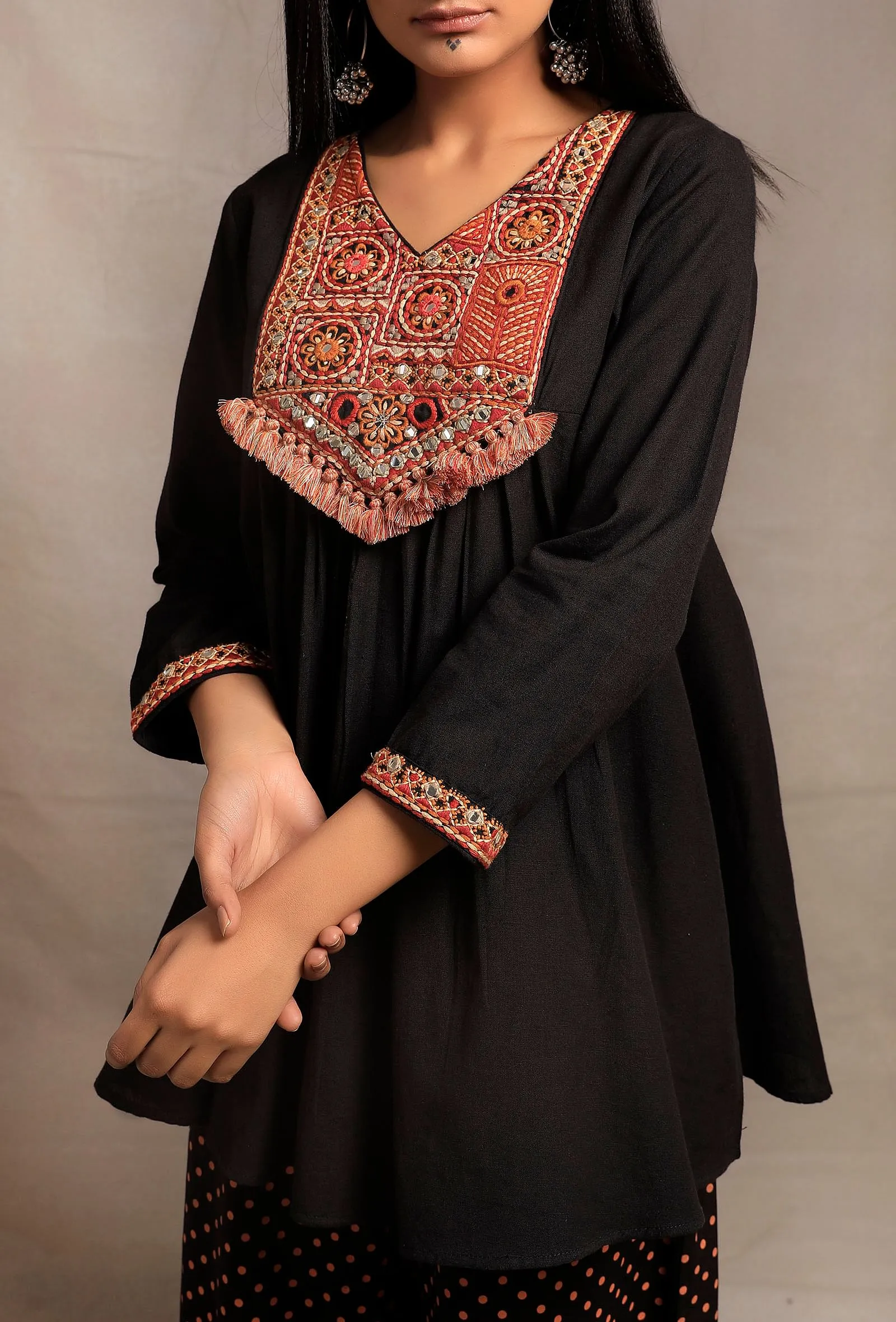 Set of 2: Black Front Embroidered Gathered Short Kurta with Black Hand Block Printed palazzo Pants