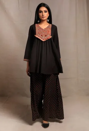 Set of 2: Black Front Embroidered Gathered Short Kurta with Black Hand Block Printed palazzo Pants