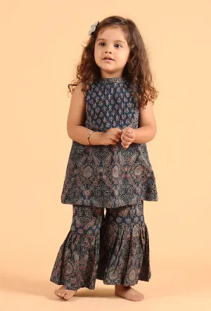 Set Of 2: Kira Indigo Multi Ajrakh Print Cotton Kurta & Sharara