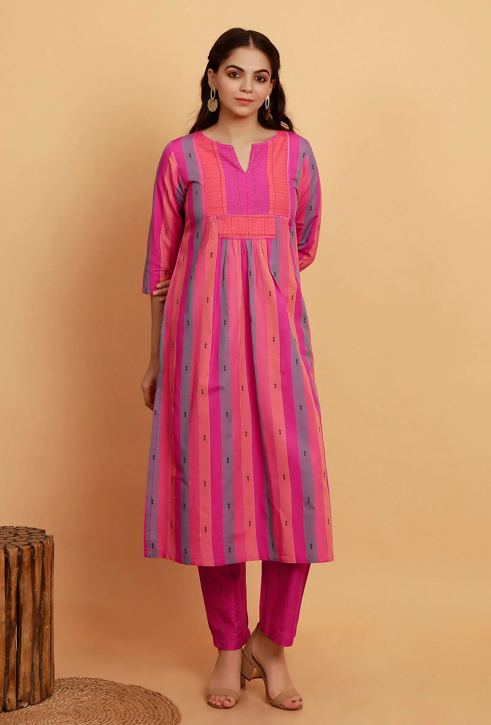 Set of 2: Pink Multi Color Woven Stripe Kurta with Pink Straight Pants