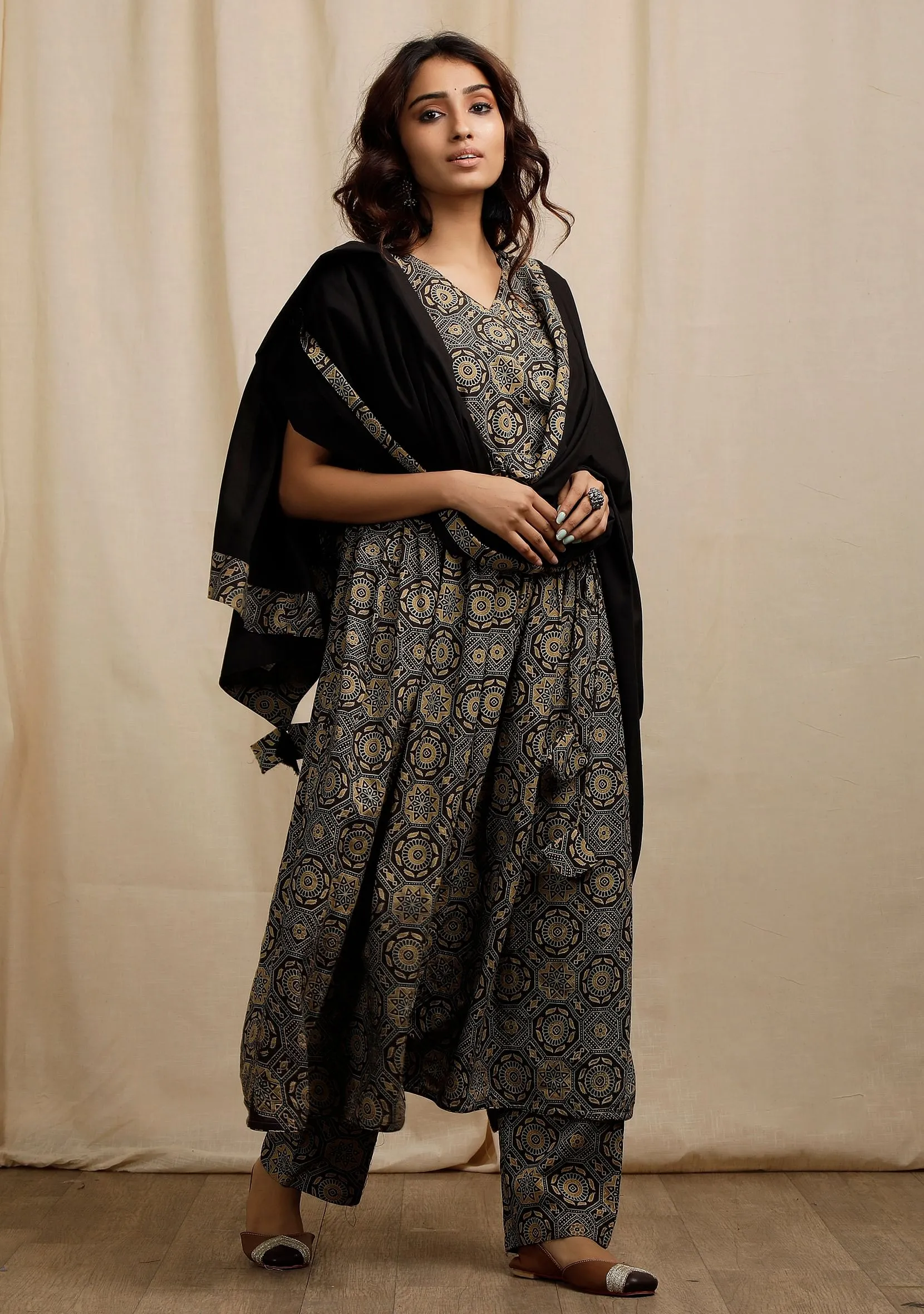 Set of 3:  Blue Angrakha Ajrakh Print Gathered and Flared Kurta with Blue Ajrakh Print Straight Pants and Dupatta