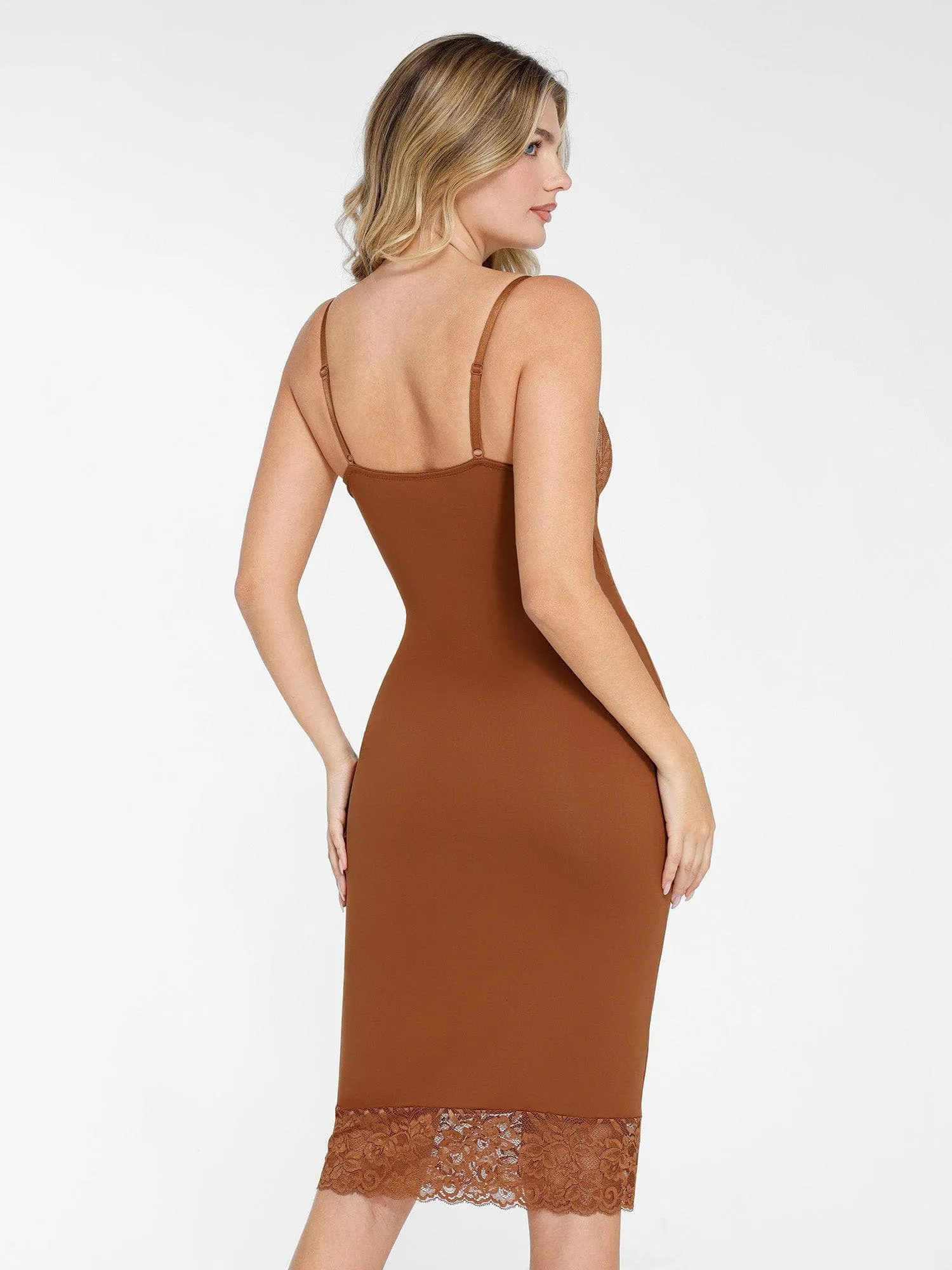 Shapewear Built-In Sculpting Lace Trim Midi Slip Dress