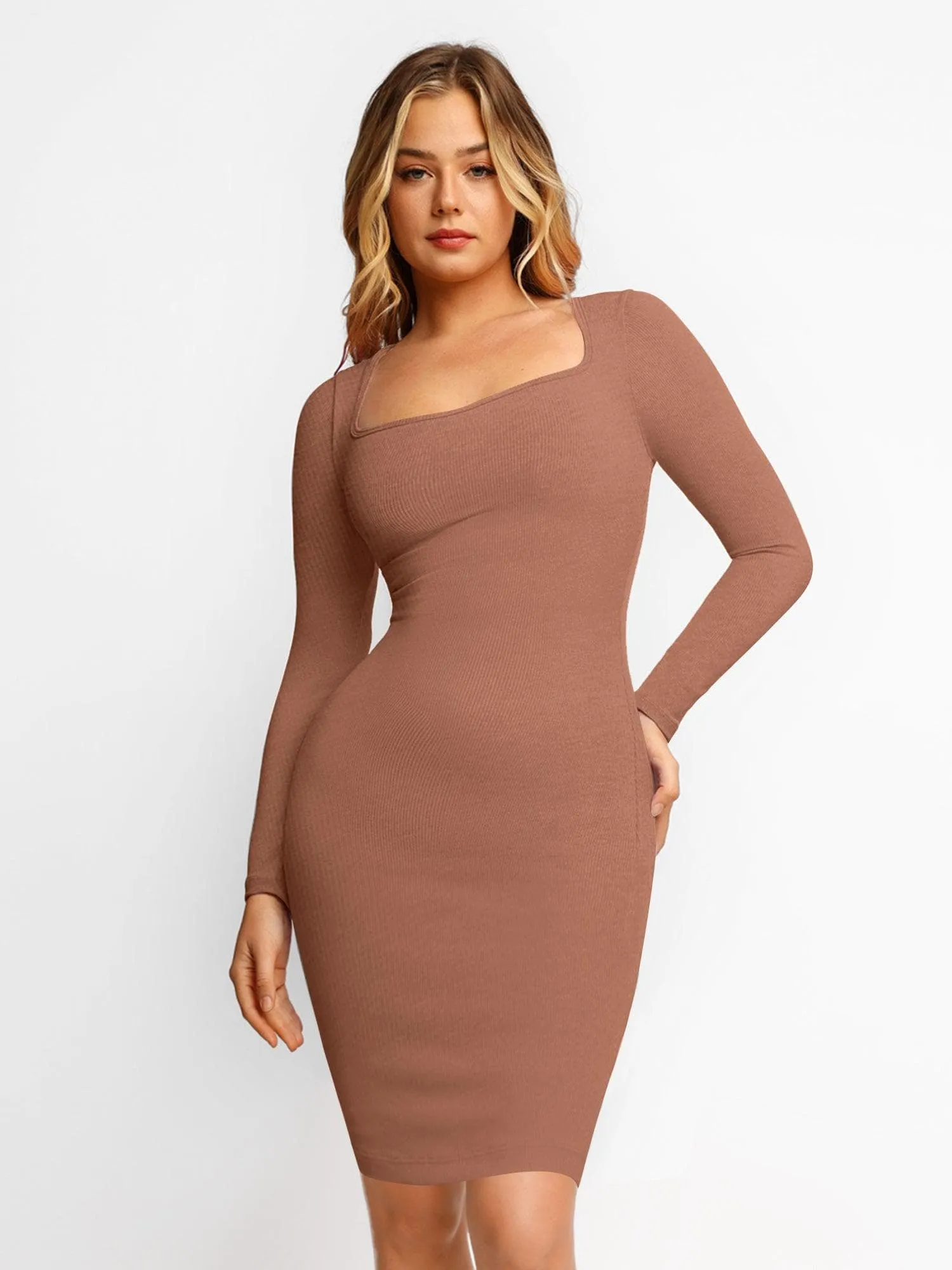 Shapewear Long Sleeve Square Neck Modal Slimming Midi Dress