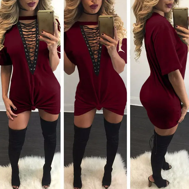 Sibybo Summer T Shirt Dress 2017 Women Deep V Neck Lace Up  Sexy Bodycon Bandage Party Dresses Casual T-Shirt Dress Vestidos