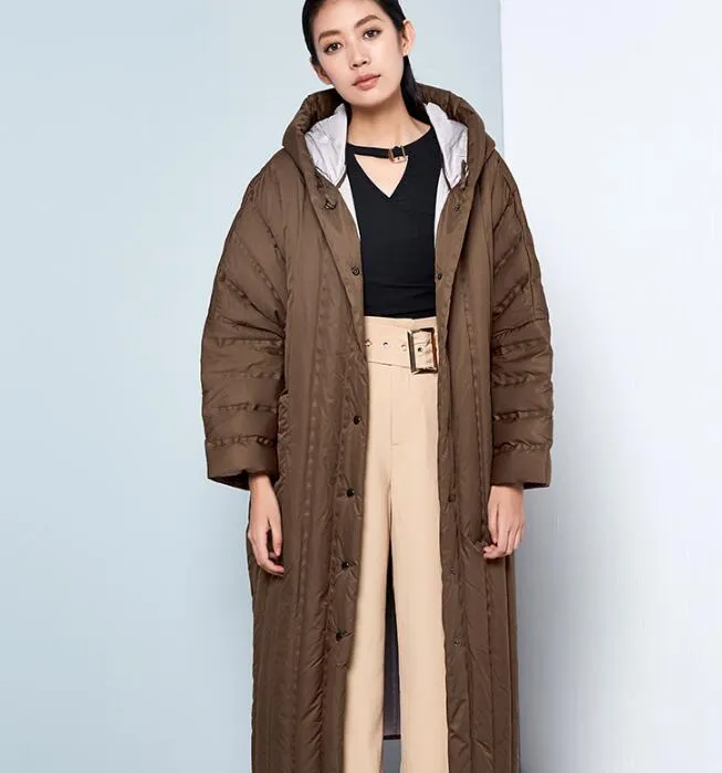 Slit Long Hooded Women Winter Loose Thick 90% Duck Down Jackets WarmDown Coat