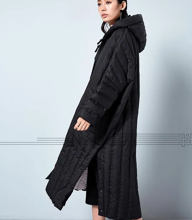 Slit Long Hooded Women Winter Loose Thick 90% Duck Down Jackets WarmDown Coat