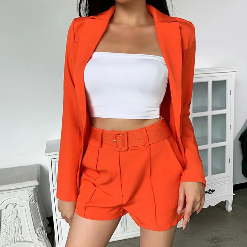 Solid Lapel Neck Blazer and Belted Shorts Set